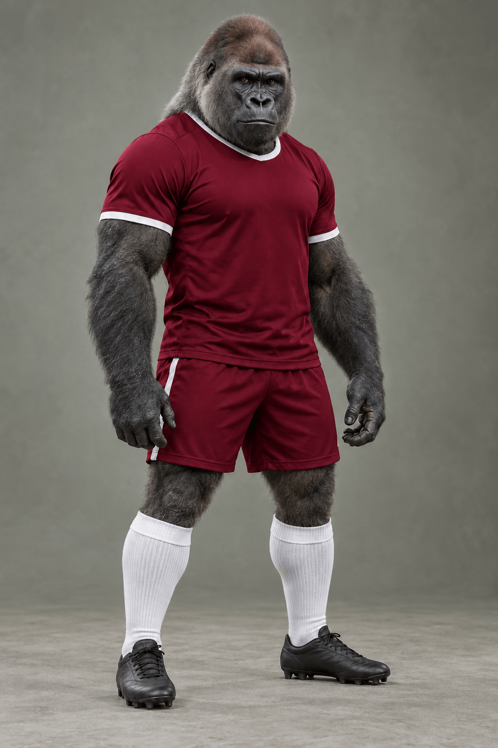Full-body gorilla character in a burgundy football kit, white socks and black boots