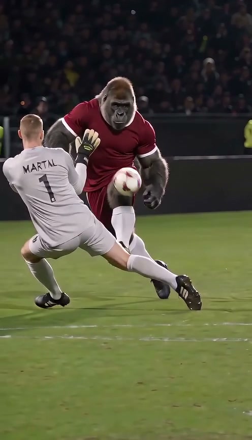 Generated gorilla footballer lifting the ball past a goalkeeper