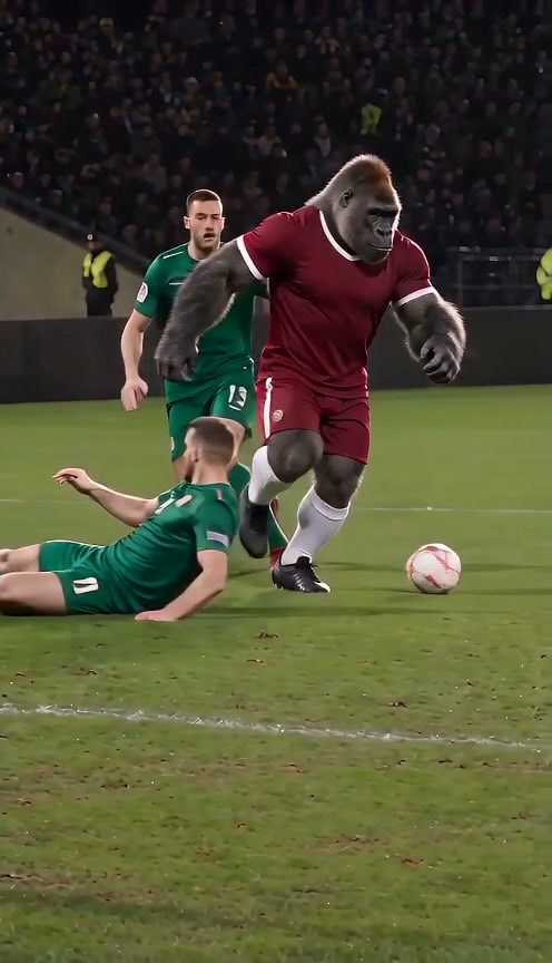 Generated gorilla footballer moving past sliding defenders in green